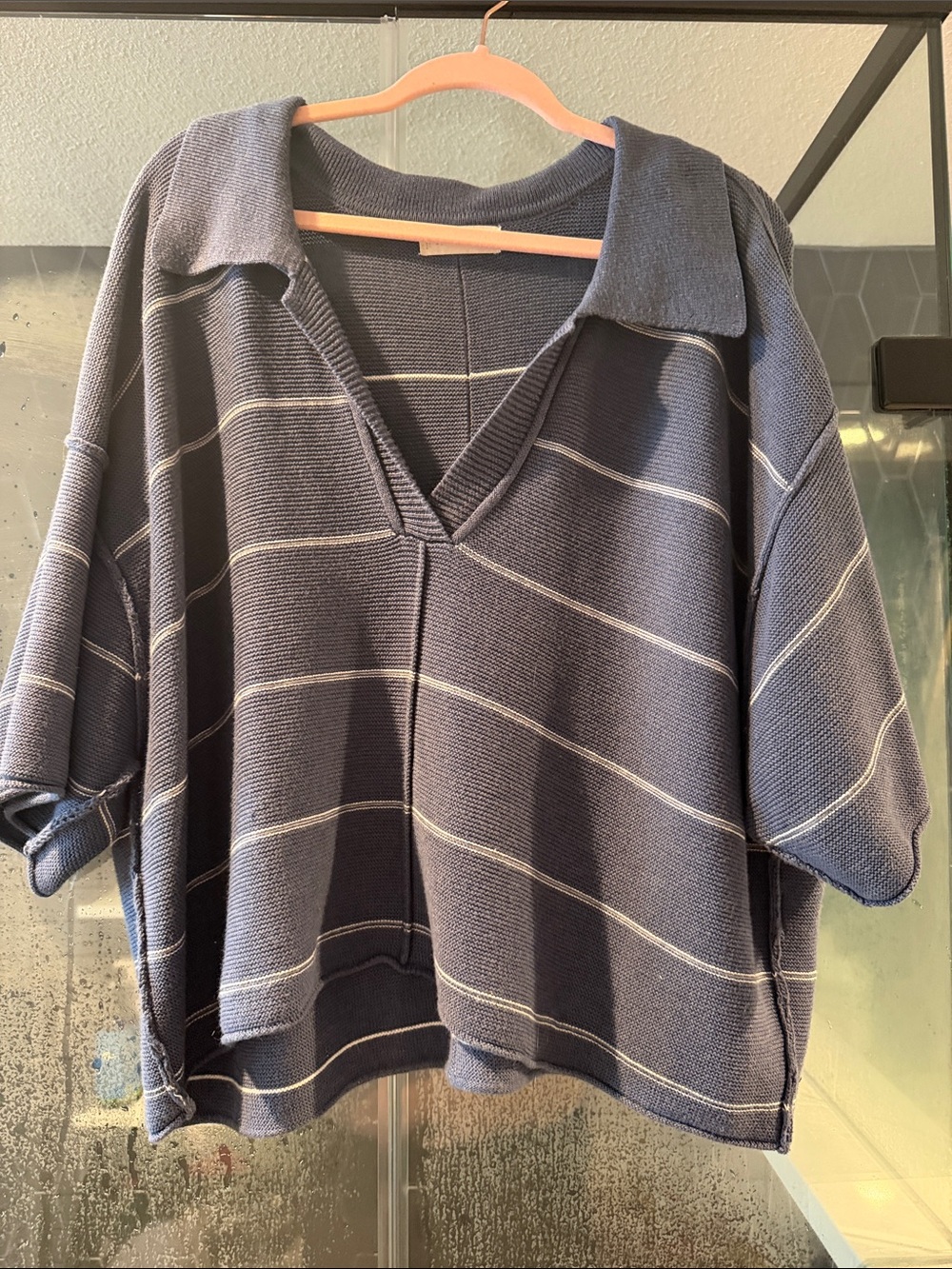 Together Navy and Light Gray Striped Knit Polo